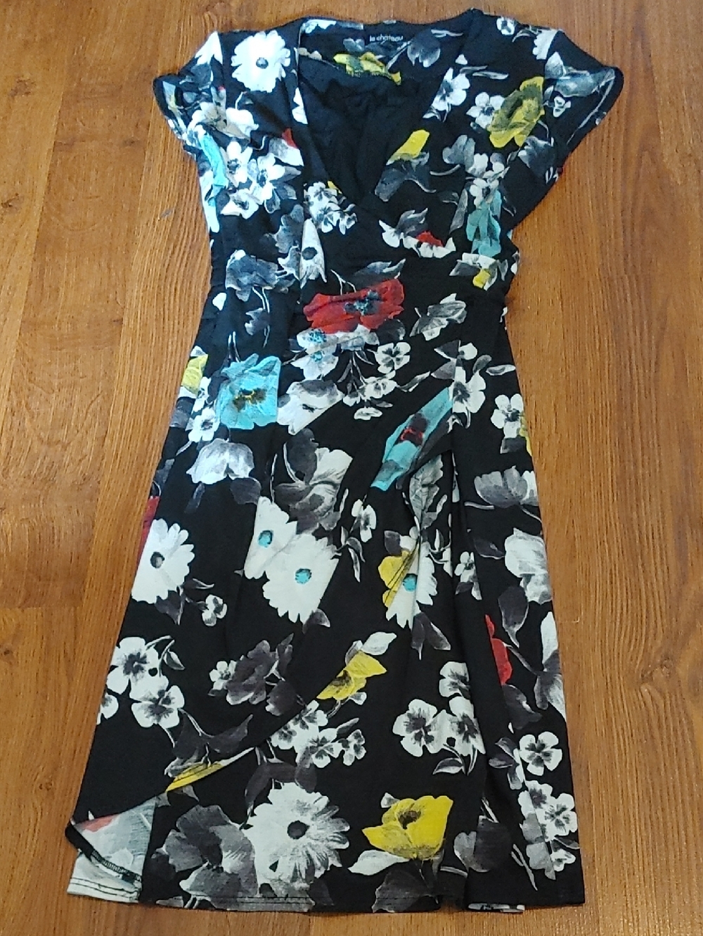 le chateau Black Floral Wrap Midi Dress with Multicolor Blooms Sz SM